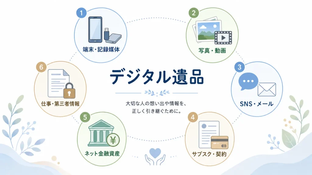 デジタル遺品を端末・思い出・SNS・契約・金融資産・仕事情報に分類した図