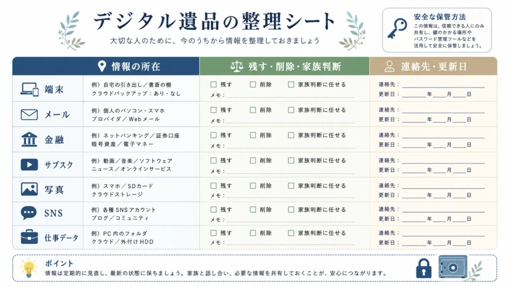 端末・契約・写真・SNSの希望を家族へ残すデジタル終活シート