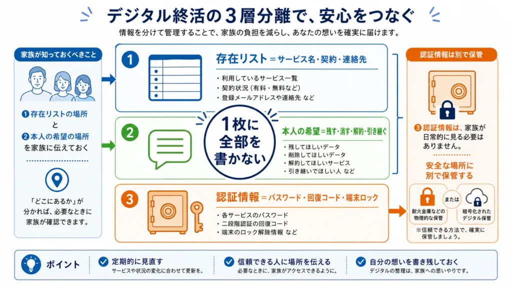 デジタル終活で存在リスト・本人の希望・認証情報を分けて管理する方法