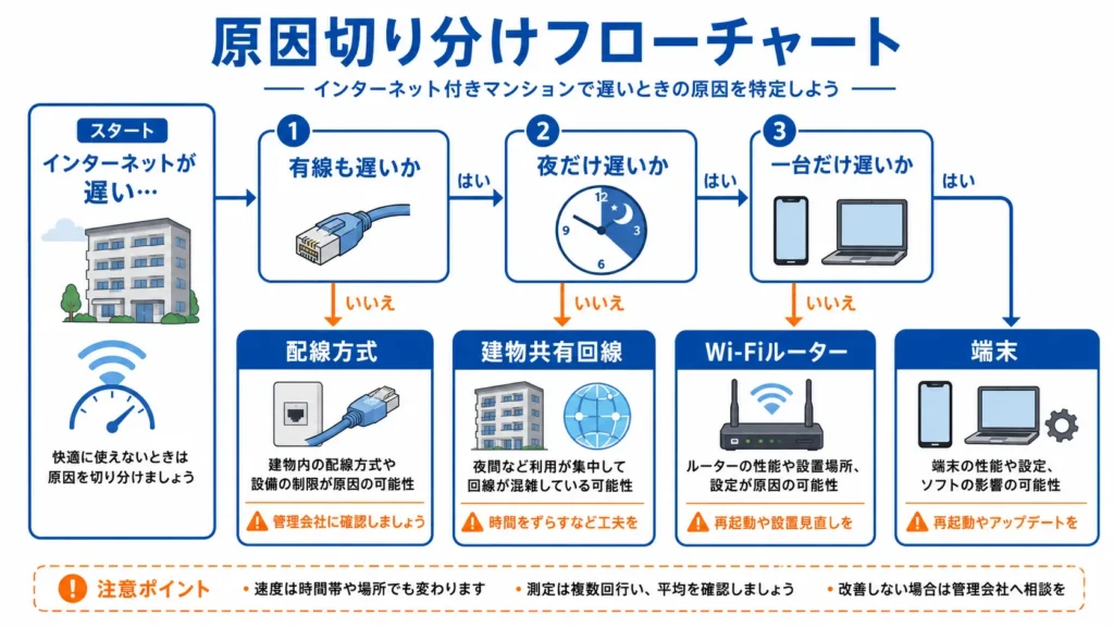 有線、時間帯、端末別に無料マンションのネットが遅い原因を切り分ける図