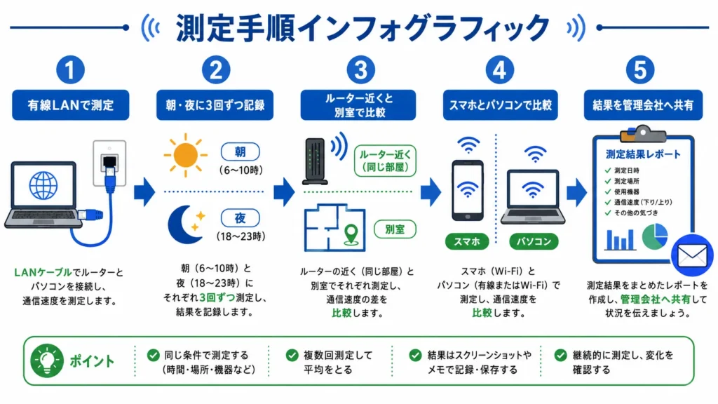 有線、時間帯、場所、端末を変えて無料インターネットの速度を測る手順