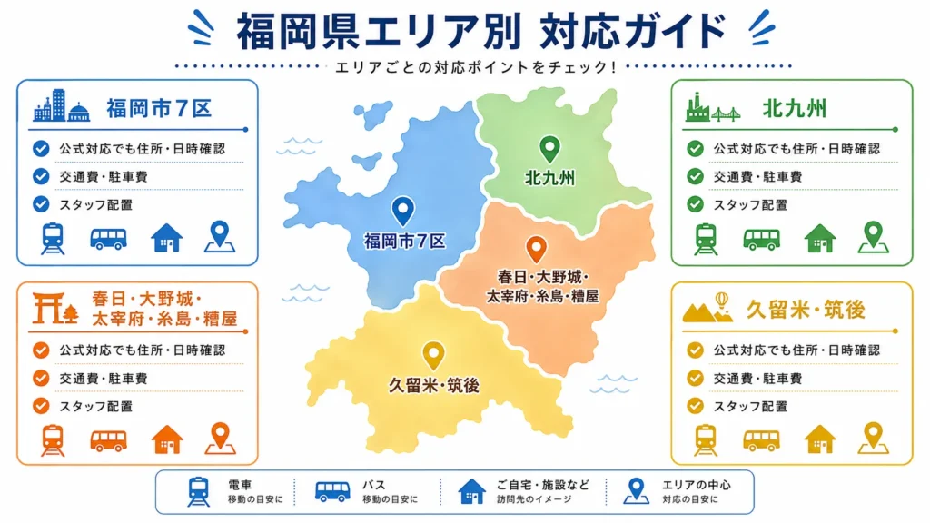福岡の地域別に家事代行の対応条件を確認する図