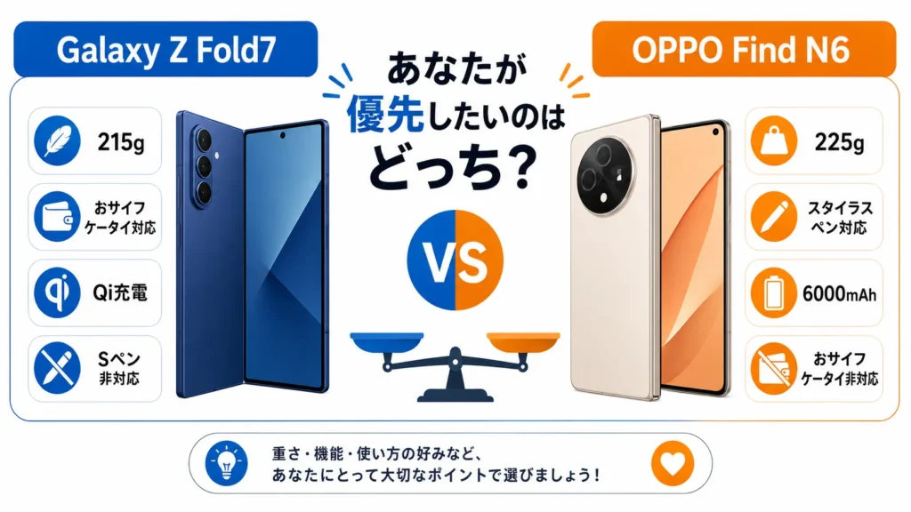 Galaxy Z Fold7とOPPO Find N6の選び方をペン・おサイフケータイ・電池・防水で分けた図