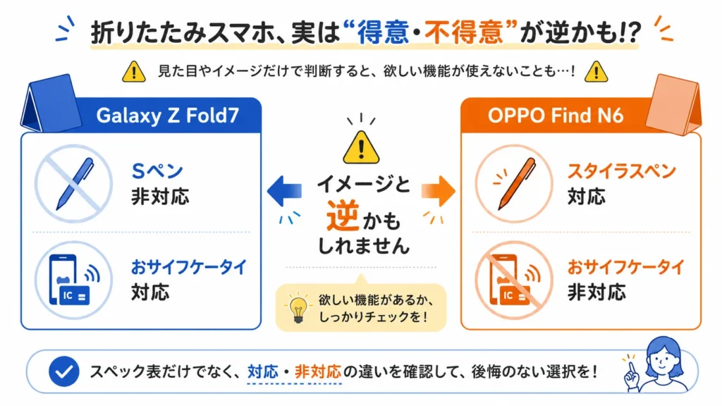 Galaxy Z Fold7とOPPO Find N6のペン対応とおサイフケータイ対応の違いを示した図