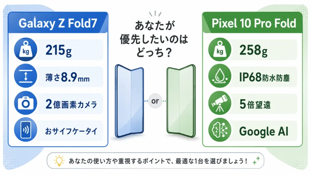 Galaxy Z Fold7とPixel 10 Pro Foldの選び方を軽さ・防水・カメラ・AIで分けた図