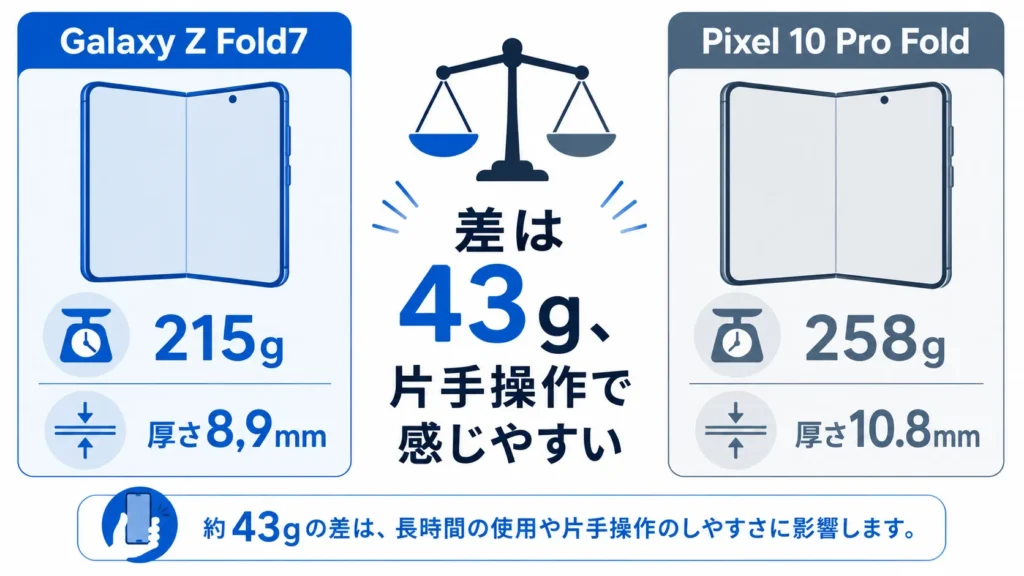 Galaxy Z Fold7とPixel 10 Pro Foldの重さと厚さを比較した図