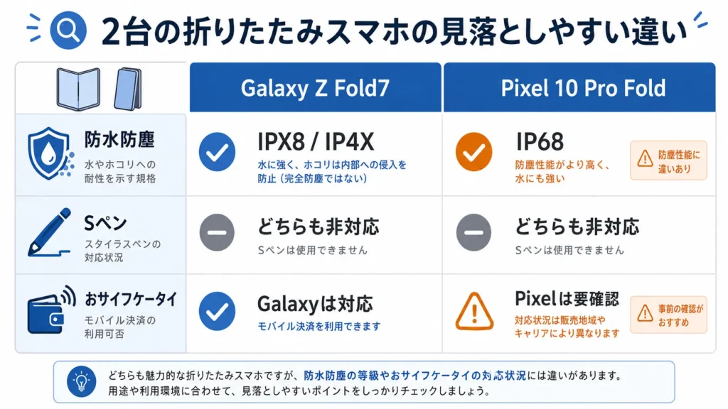2台の折りたたみスマホの見落としやすい違いを示す日本語インフォグラフィック。横長16:9。「防水防塵:IPX8 IP4X vs IP68」「Sペン:どちらも非対応」「おサイフケータイ:Galaxyは対応、Pixelは要確認」の3項目をアイコンとチェックマークで表現。実在端末画像、企業ロゴなし。白背景、青・グレー・オレンジ、注意喚起のニュアンスを持つ配色。