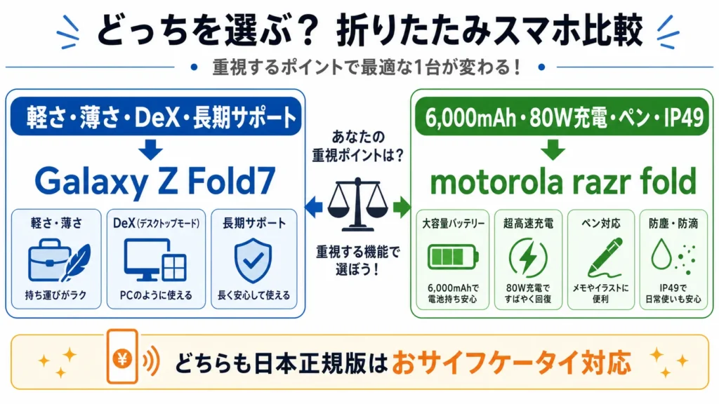 Galaxy Z Fold7とmotorola razr foldを目的別に選ぶ比較図