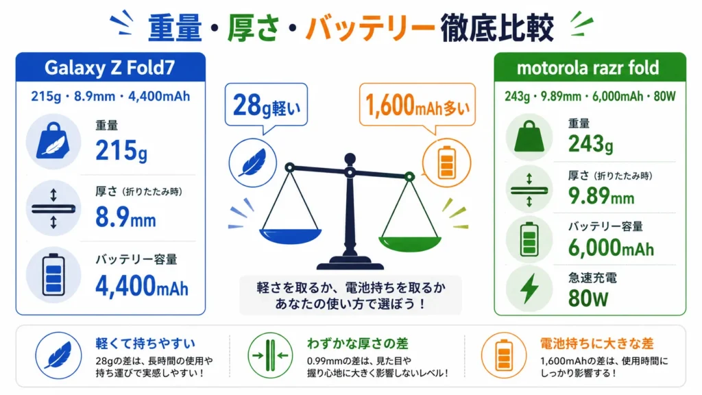 Galaxy Z Fold7の軽さとmotorola razr foldの大容量バッテリーを比較した図