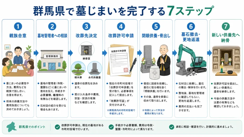 群馬県で墓じまいを完了するまでの7ステップ。親族合意、墓地管理者への相談、改葬先決定、改葬許可申請、閉眼供養・骨出し、墓石撤去・更地返還、新しい供養先へ納骨
