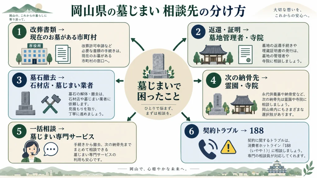 岡山県の墓じまいで改葬、墓地返還、撤去、供養先、契約トラブルごとに相談先を分ける図