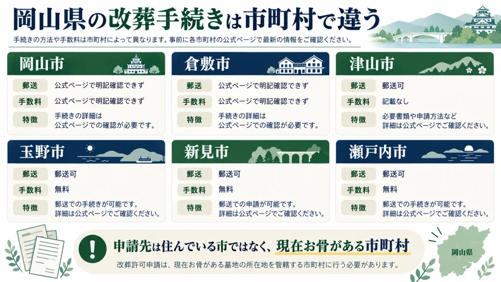 岡山市、倉敷市、津山市、玉野市、新見市、瀬戸内市の改葬申請方法の違い