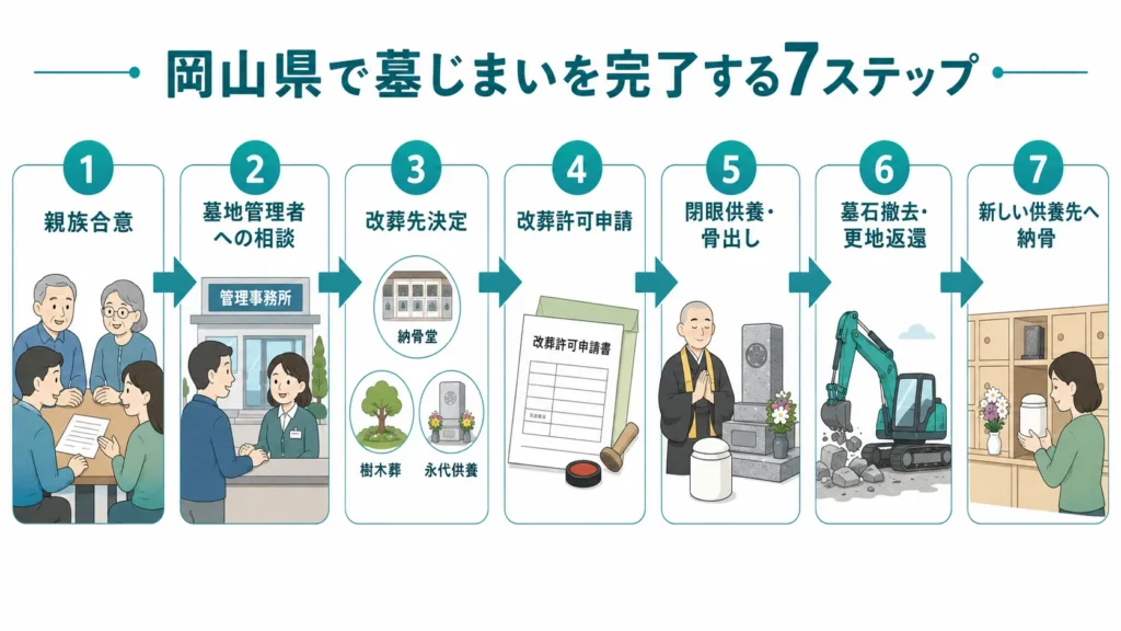 岡山県で墓じまいを完了するまでの7ステップ。親族合意、墓地管理者への相談、改葬先決定、改葬許可申請、閉眼供養・骨出し、墓石撤去・更地返還、新しい供養先へ納骨を横方向のタイムラインで示しています