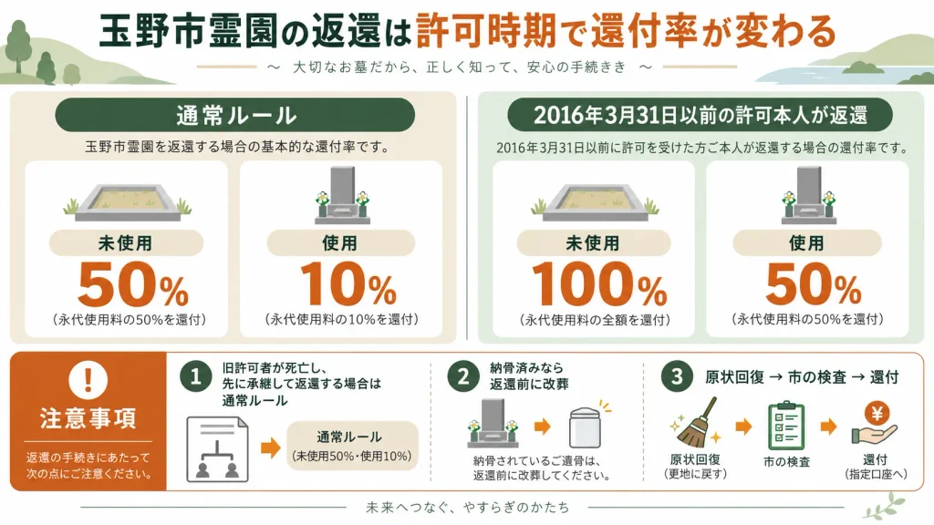 玉野市霊園の霊地返還時に使用許可時期と使用状況で既納使用料の還付率が変わる図