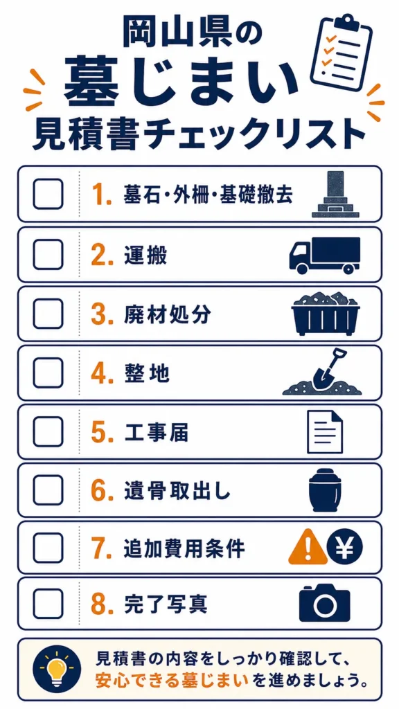 岡山県の墓じまい見積書チェックリスト。墓石・外柵・基礎撤去、運搬、廃材処分、整地、工事届、遺骨取出し、追加費用条件、完了写真の8項目をチェックボックス