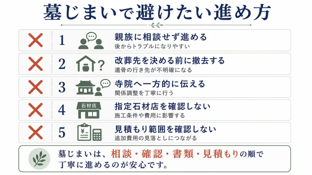 墓じまいで避けたい間違った進め方を示す注意図