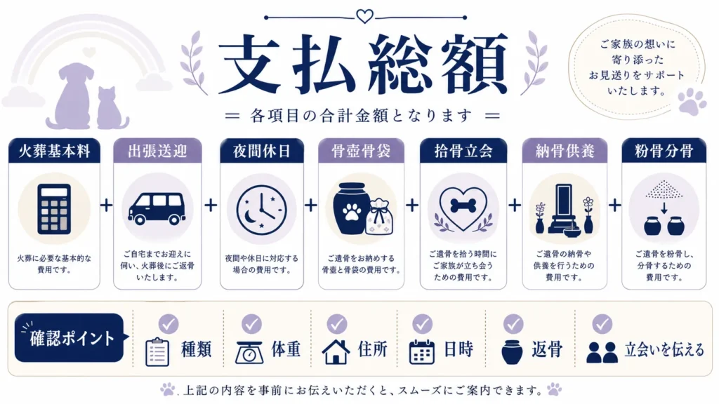 ハムスターの葬儀費用を基本料金から総額へ計算する図