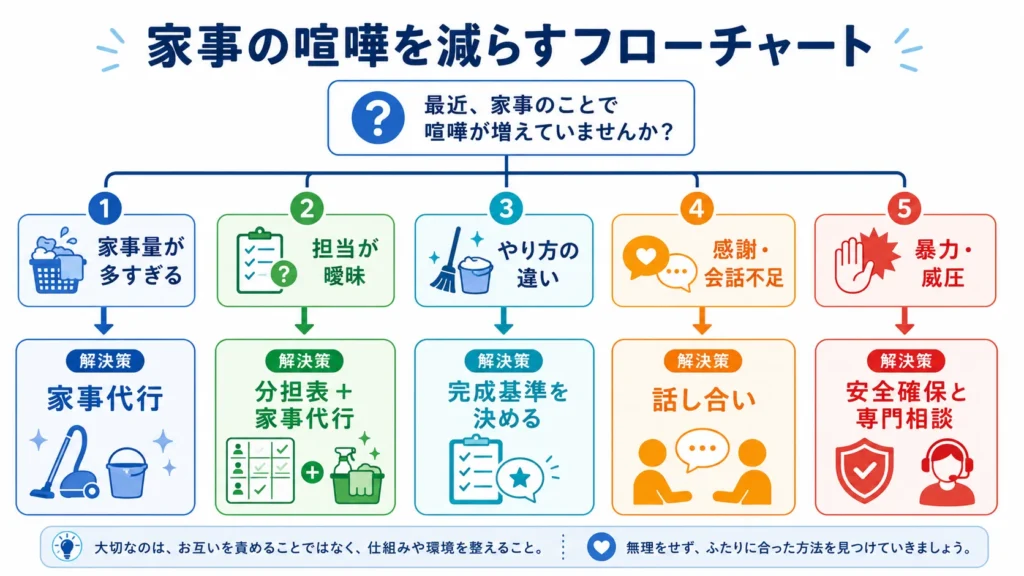 家事代行で減らせる夫婦喧嘩と別の対応が必要な問題を分けるフローチャート