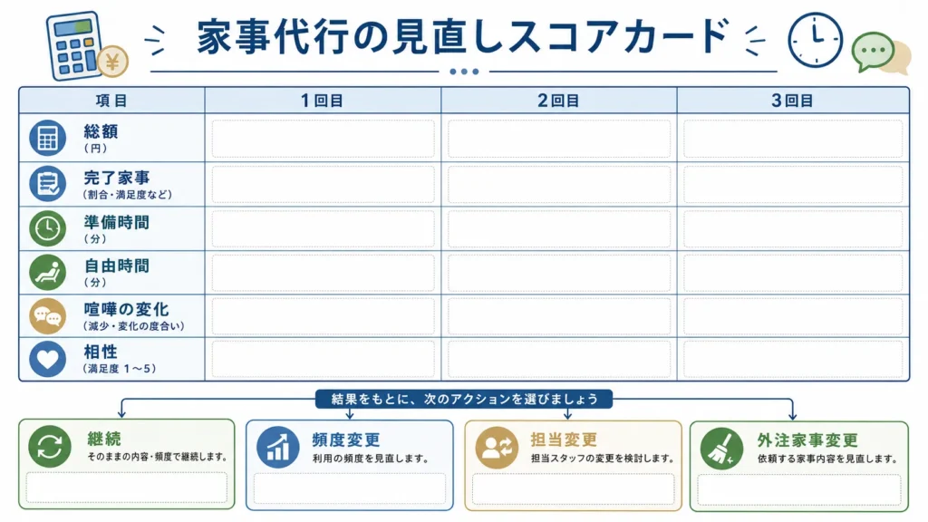 家事代行を3回利用して夫婦喧嘩と家事負担の変化を確認する表