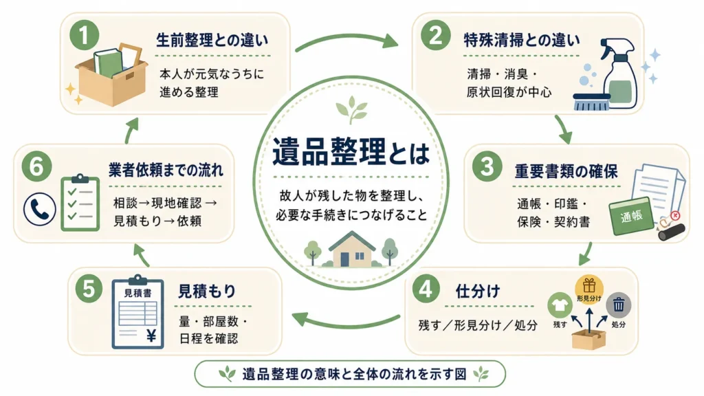 遺品整理の意味と全体の流れを示す図