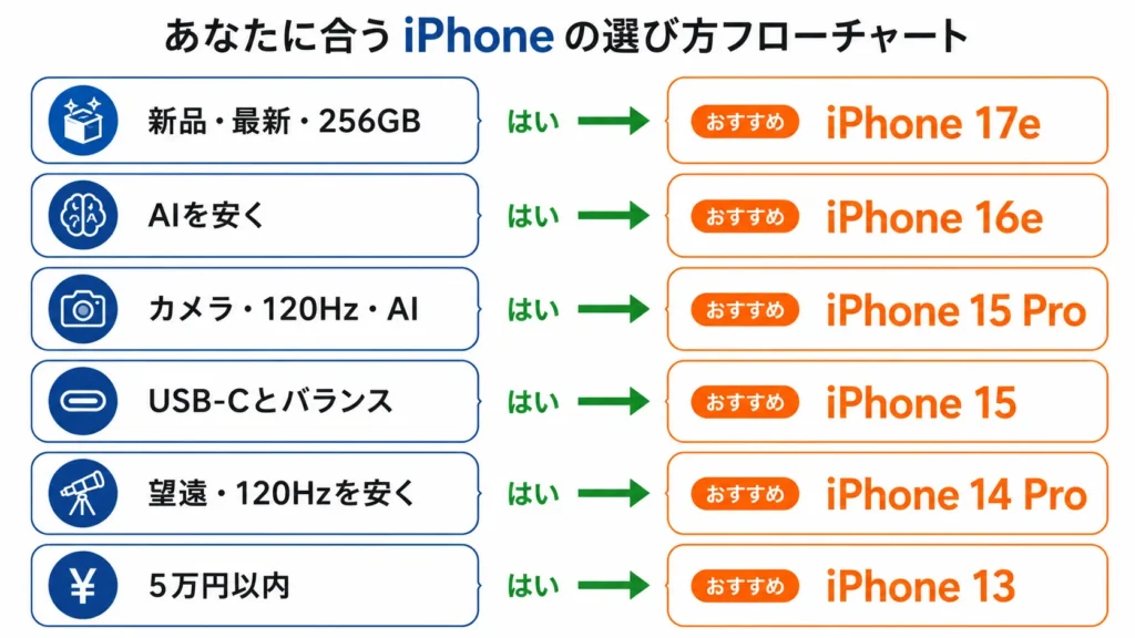 10万円以下で買えるiPhoneを目的別に選ぶフローチャート