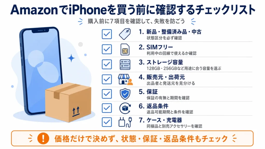 AmazonでiPhone17を買う前に確認する販売元・保証・容量のチェックリスト。