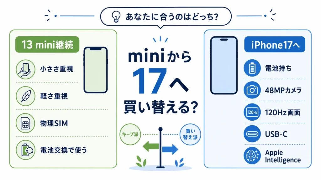 iPhone17とiPhone13 miniの買い替え判断をサイズ・電池・カメラ・AIで分けた図