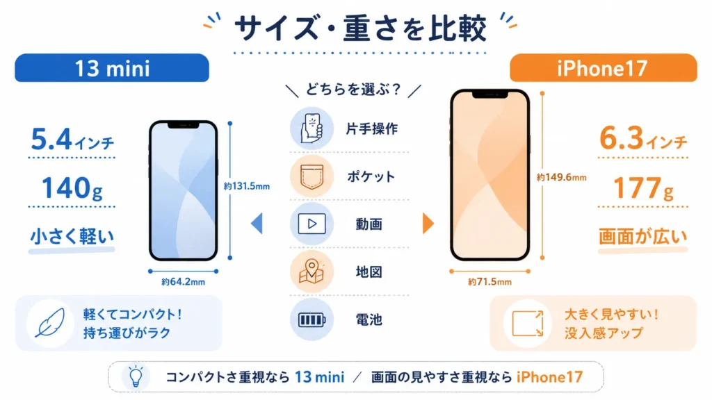 iPhone13 miniとiPhone17のサイズと重さの違いを比較した図