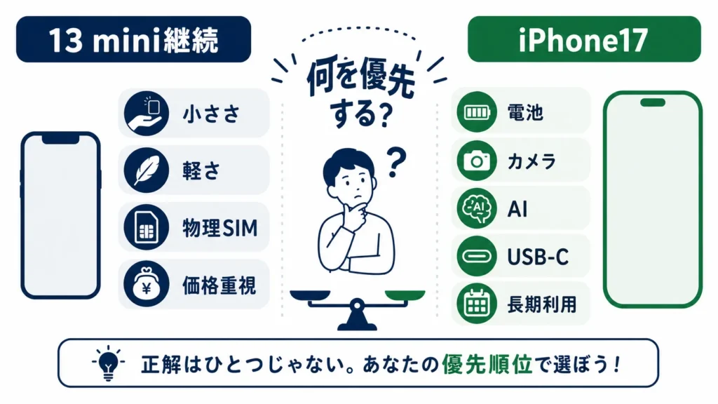 iPhone13 miniを使い続ける人とiPhone17へ買い替える人の分岐図