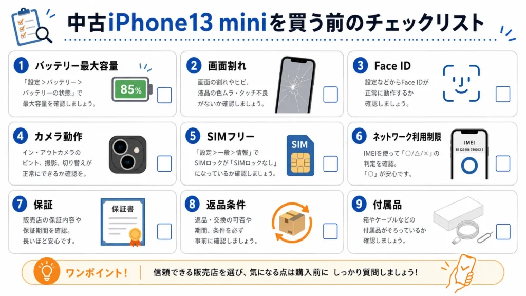 中古iPhone13 miniを買う前に確認するバッテリー・保証・SIMのチェックリスト