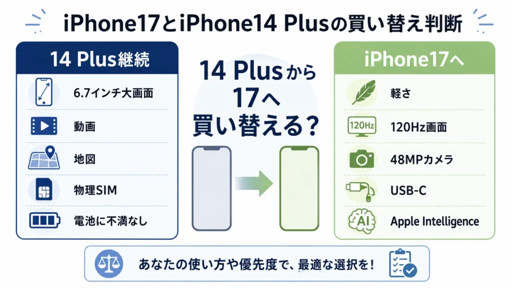 iPhone17とiPhone14 Plusの買い替え判断を大画面・重さ・カメラ・AIで分けた図