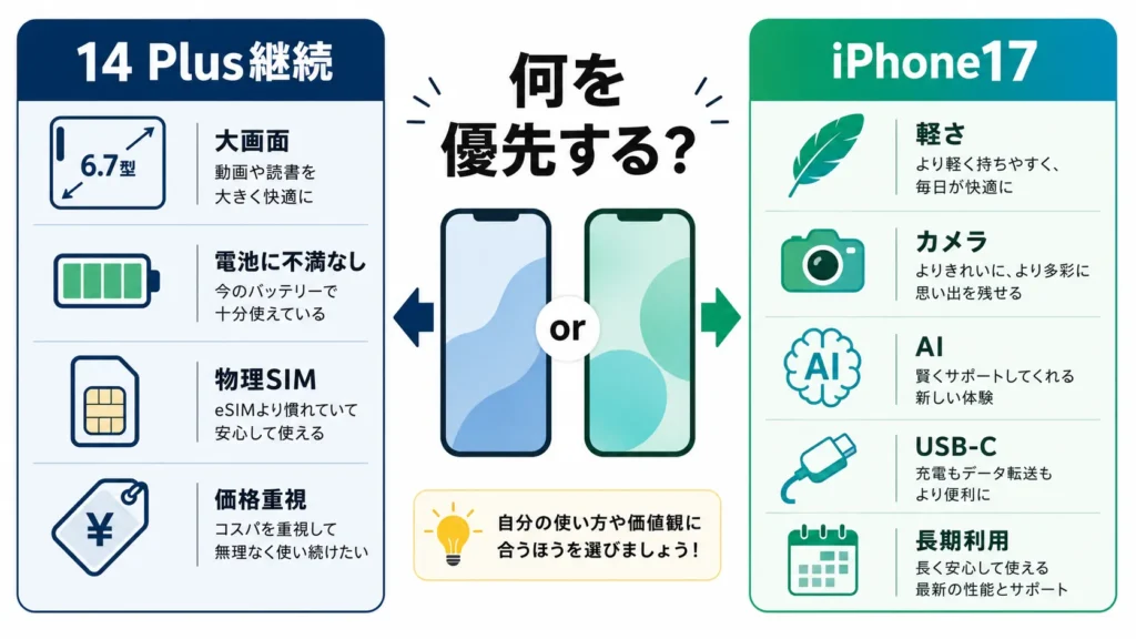 iPhone14 Plusを使い続ける人とiPhone17へ買い替える人の分岐図