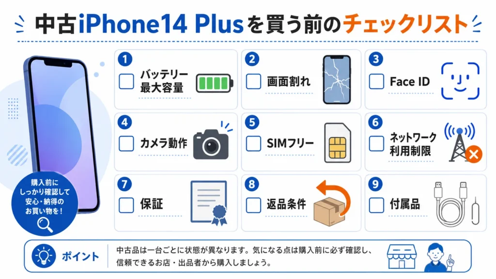 中古iPhone14 Plusを買う前に確認するバッテリー・保証・SIMのチェックリスト