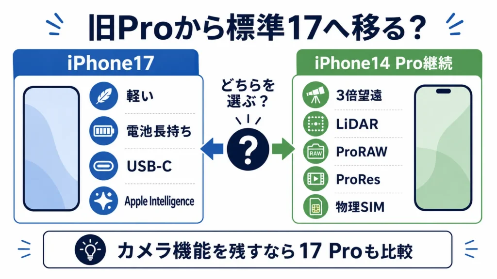 iPhone17とiPhone14 Proの買い替え判断を軽さ・電池・望遠・AIで分けた図