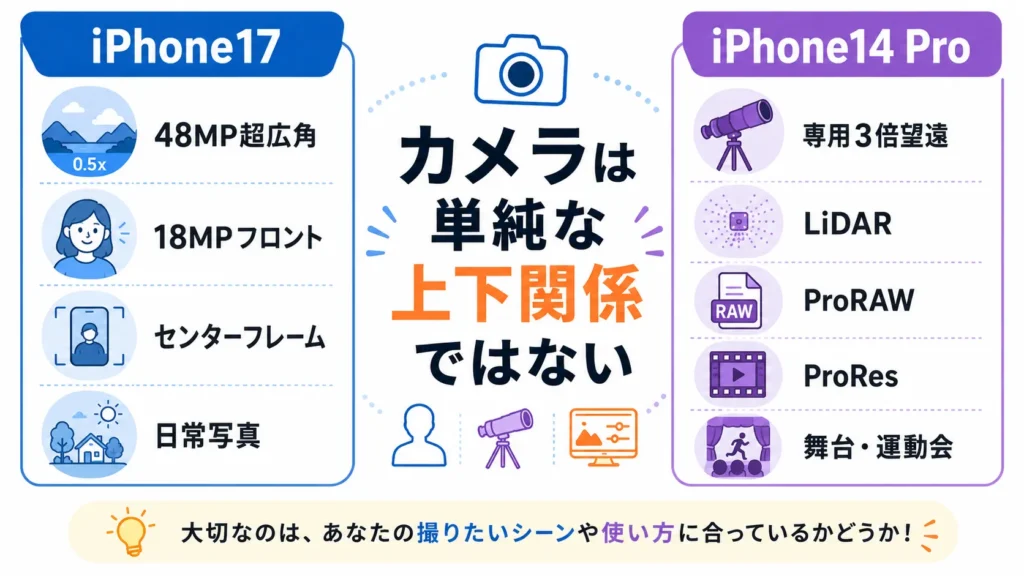 iPhone17とiPhone14 Proのカメラ機能を超広角・自撮り・望遠・Pro撮影で比較した図
