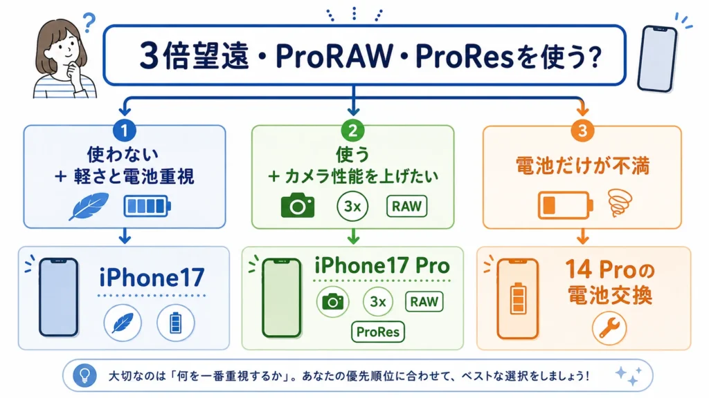 iPhone14 Proユーザーの次の選択をiPhone17・継続・17 Proに分けた図