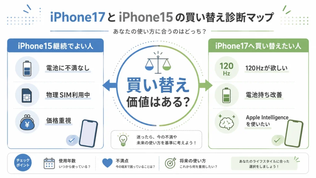 iPhone17とiPhone15の買い替え判断を画面・電池・AI・SIMで分けた図
