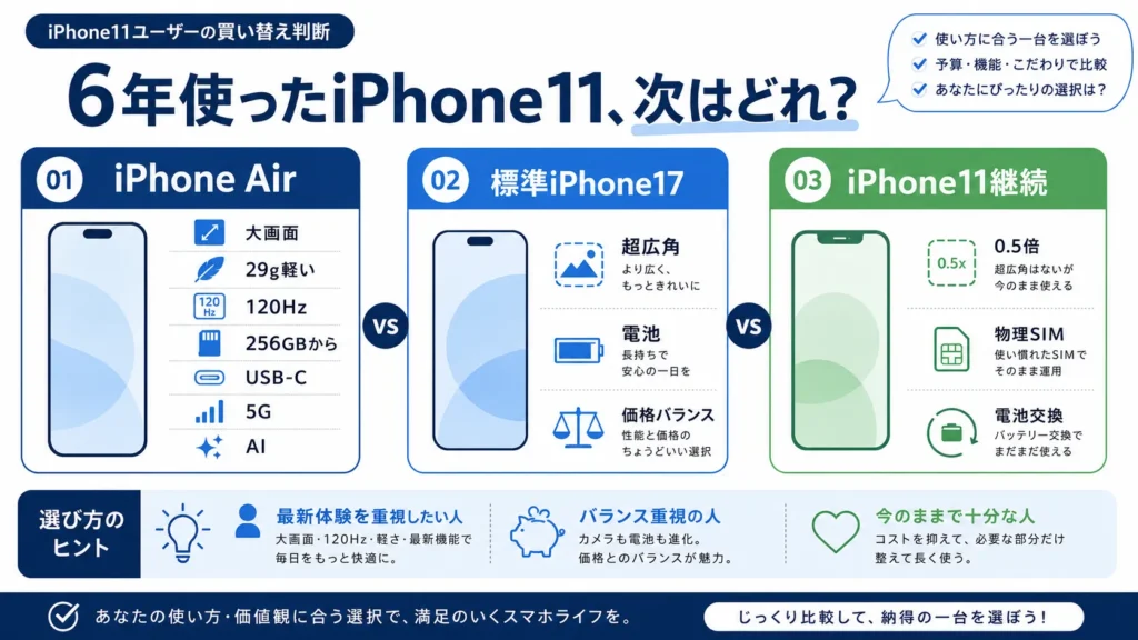 iPhone11ユーザーの次の選択をiPhone Air・標準17・11継続に分けた図