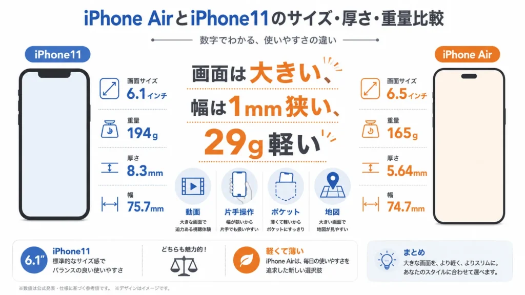 iPhone AirがiPhone11より画面が大きく29g軽いことを示した比較図