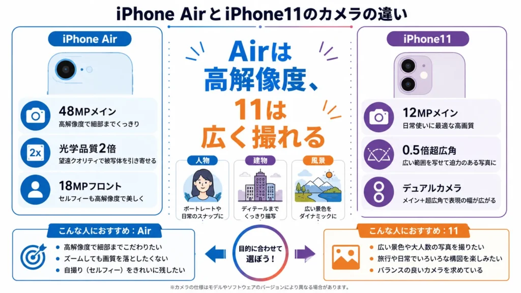 iPhone AirとiPhone11の48MP・2倍撮影・超広角カメラを比較した図