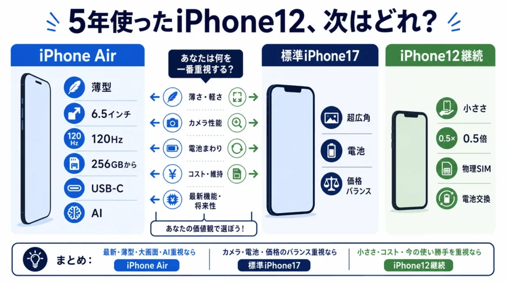 iPhone12ユーザーの次の選択をiPhone Air・標準17・12継続に分けた図