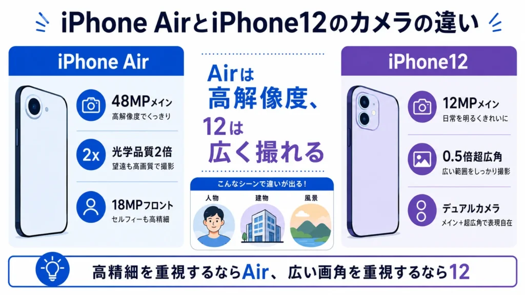 iPhone AirとiPhone12の48MP・2倍撮影・超広角カメラを比較した図
