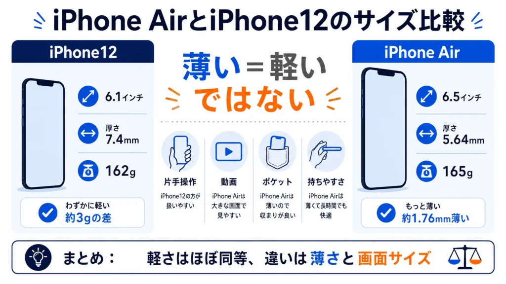 iPhone12からiPhone Airで変わる電池・容量・USB-C・AIをまとめた図