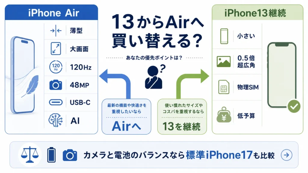 iPhone AirとiPhone13の買い替え判断を薄さ・カメラ・電池・SIMで分けた図
