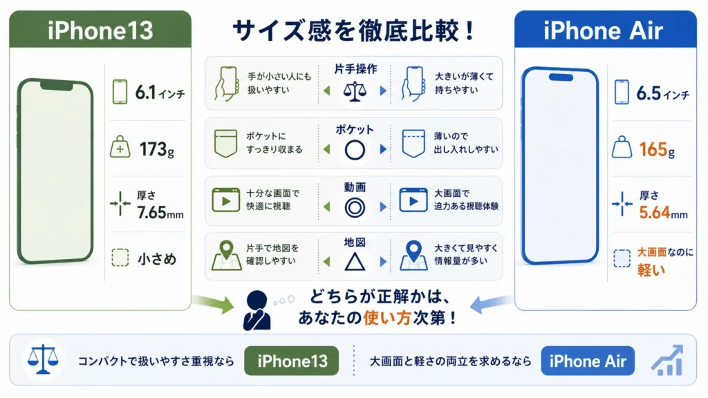 iPhone AirとiPhone13の画面サイズ・厚さ・重量を比較した図