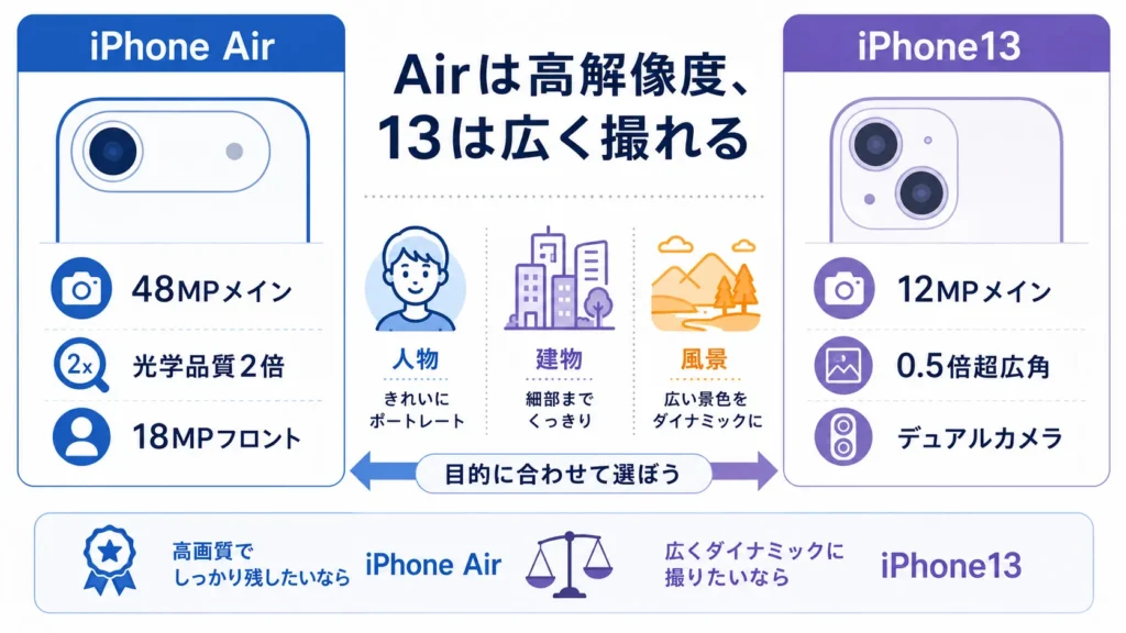 iPhone AirとiPhone13の48MP・2倍撮影・超広角カメラを比較した図