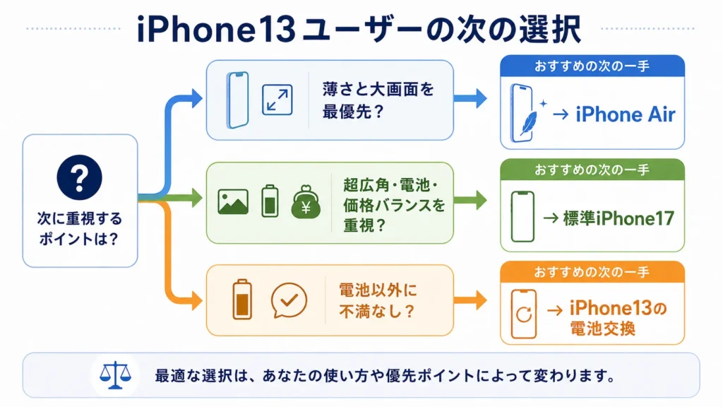 iPhone13ユーザーの選択をAir・標準17・13継続に分けた図