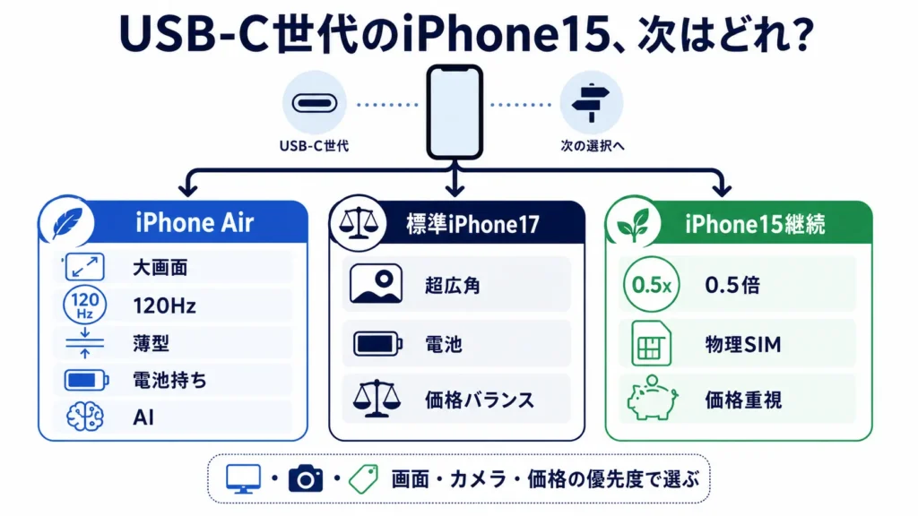 iPhone15ユーザーの次の選択をiPhone Air・標準17・15継続に分けた図