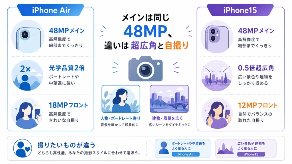 iPhone AirとiPhone15の48MPメインカメラと超広角の有無を比較した図