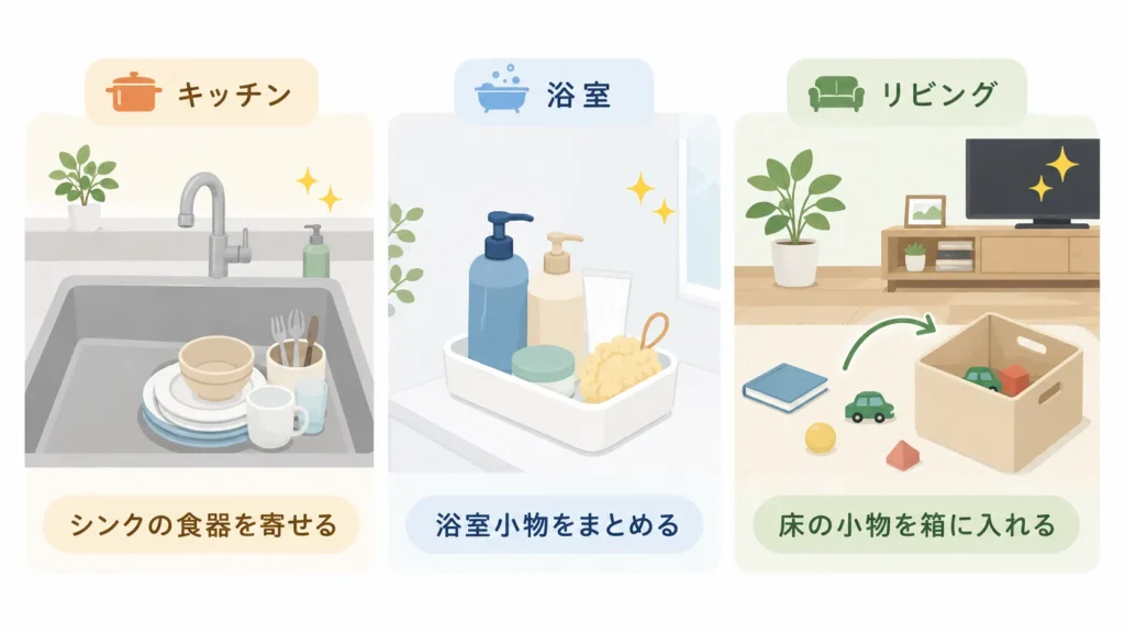 家事代行2時間を頼む前の準備イメージ(シンクの食器を寄せる、床の小物を箱に入れるなど、当日の下準備を示すイラスト)